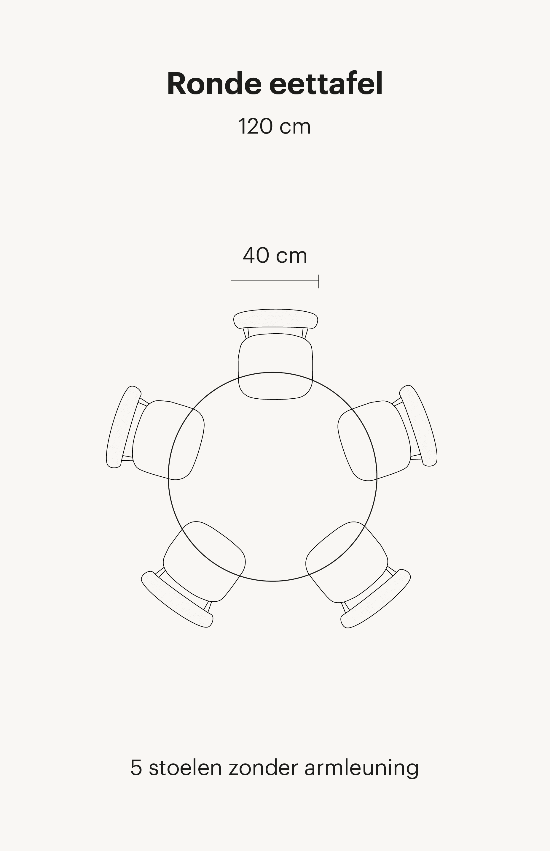 Op deze afbeelding is een ronde eettafel van 120cm te zien. Deze eettafel bevat in totaal 5 eetkamerstoelen zonder armleuningen.