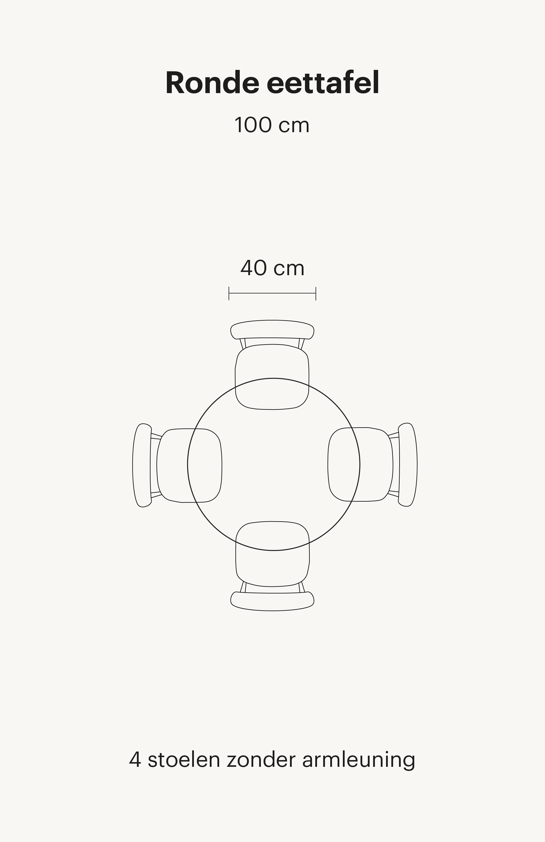 Op deze afbeelding is een ronde eettafel van 100cm te zien. Deze eettafel bevat in totaal 4 eetkamerstoelen zonder armleuningen.
