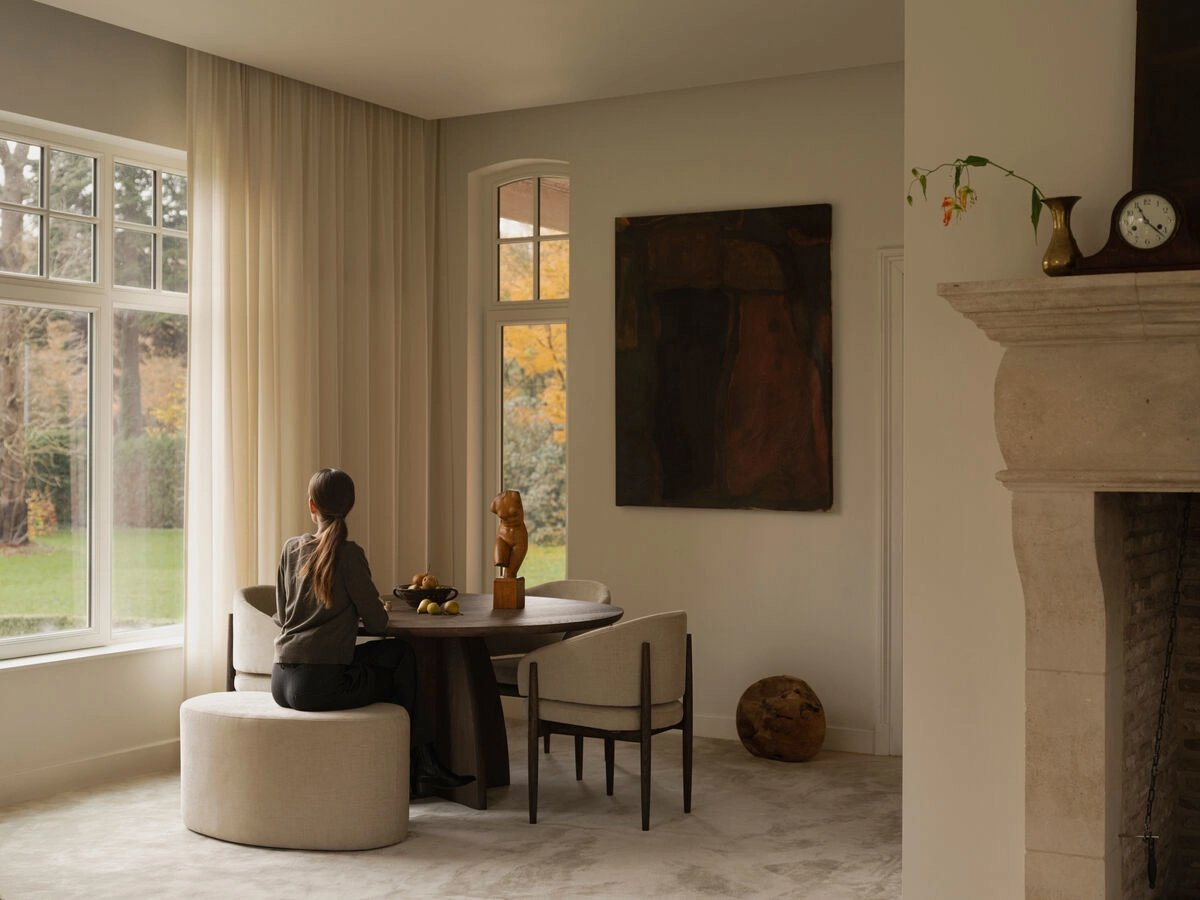 Kleine eetkamer met een organisch ronde eettafel