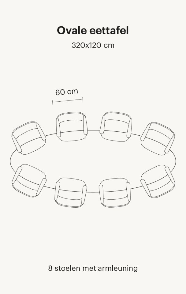Ovale eettafel 8 personen van 320 cm