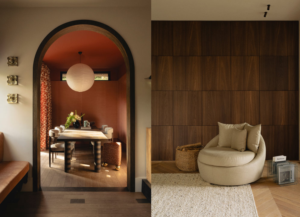 Woontrends 2027 alle tinten hout met houten wandpanelen en vloer met fauteuil. En een eikenhouten eettafel met houten vloer