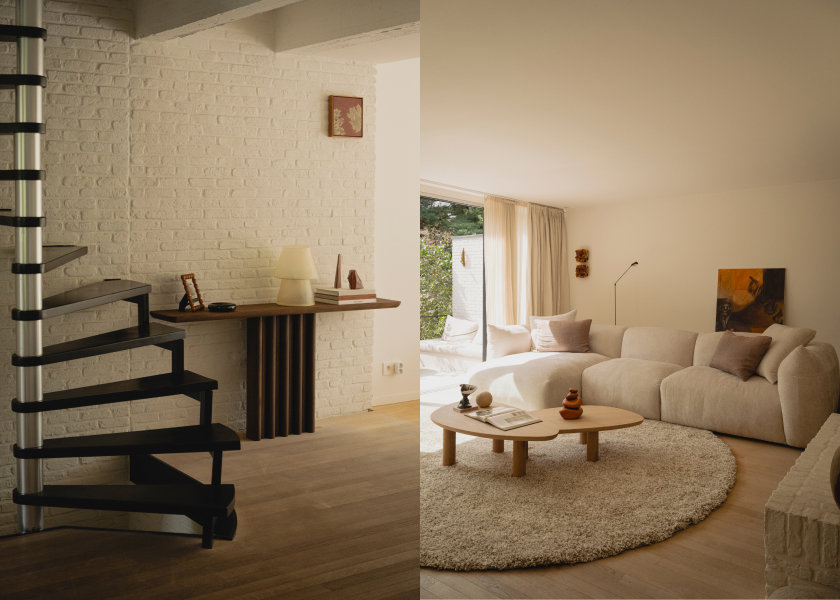Woontrends 2027: Mid Century Modern met sidetable in donkerbruin eikenhout en woonkamerset met beige plofbank en eikenhouten salontafels van Table du Sud