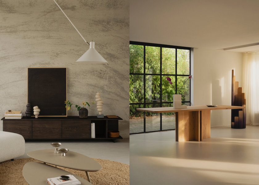 Sculpturaal brutalisme: de woontrend van 2027. Rechte lijnen en volumineuze vormen in de meubels. Fenix salontafel, eikenhouten tv-meubel en brutalistische eettafel