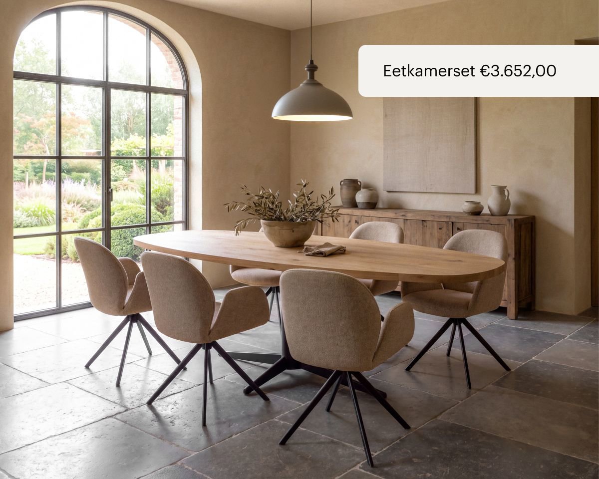 Eetkamerset eikenhouten eettafel met stalen poot en zes eetkamerstoelen