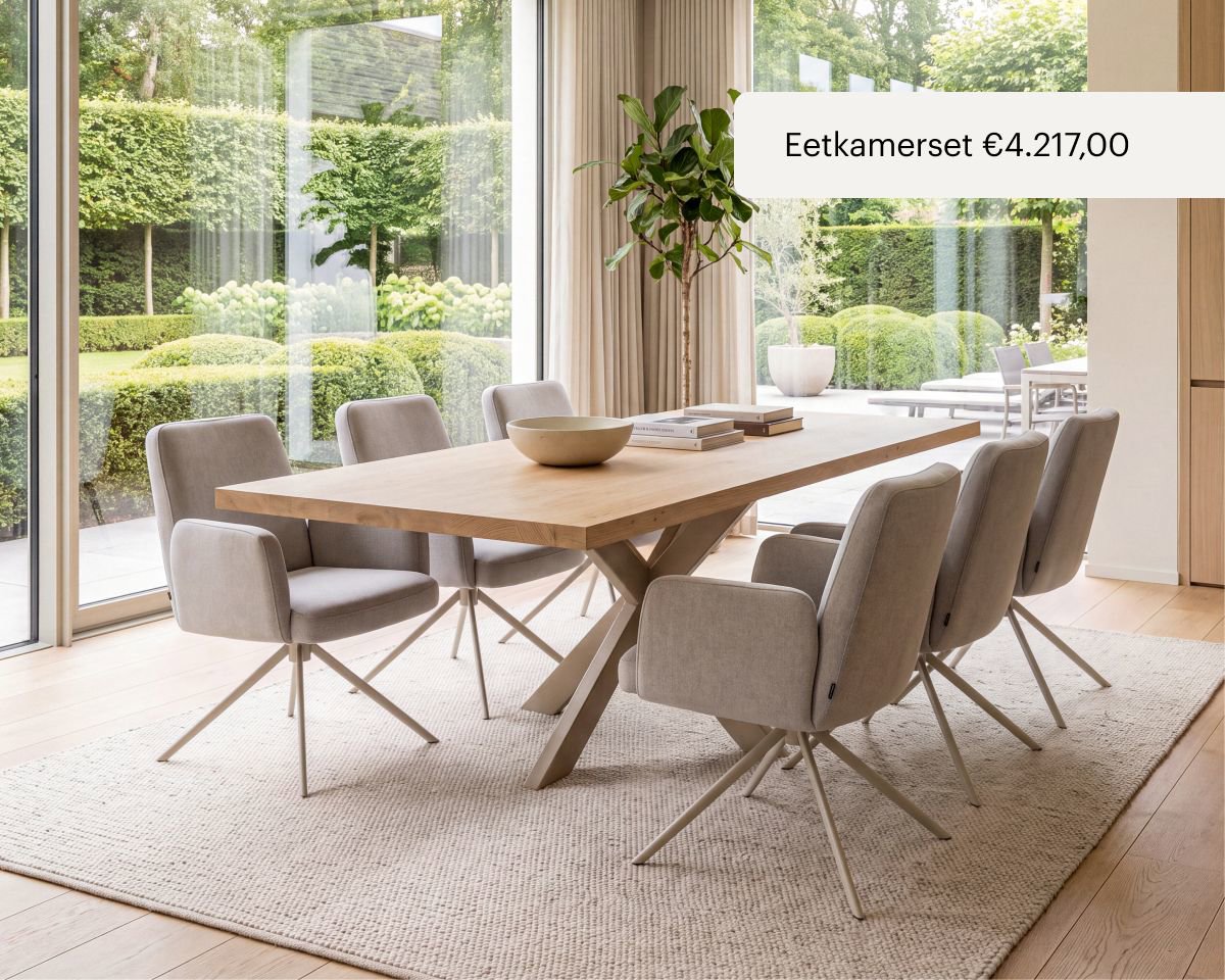 Eettafel met stalen onderstel en zes eetkamerstoelen met bijpassend onderstel van Table du Sud