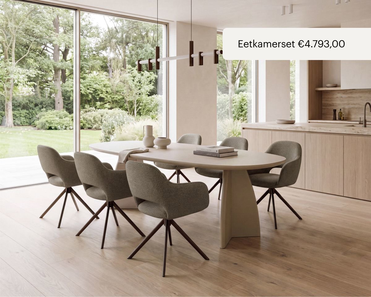 Betonlook eettafel voor 6 personen, met zes eetkamerstoelen van Table du Sud