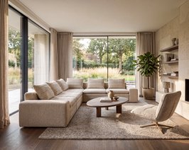 Beige hoekbank Firenze in een lichte woonkamer met grote ramen en ronde salontafels