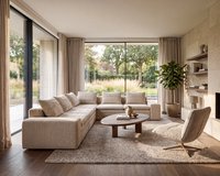 Beige hoekbank Firenze met rechte lijnen en losse rugkussens op een witte achtergrond
